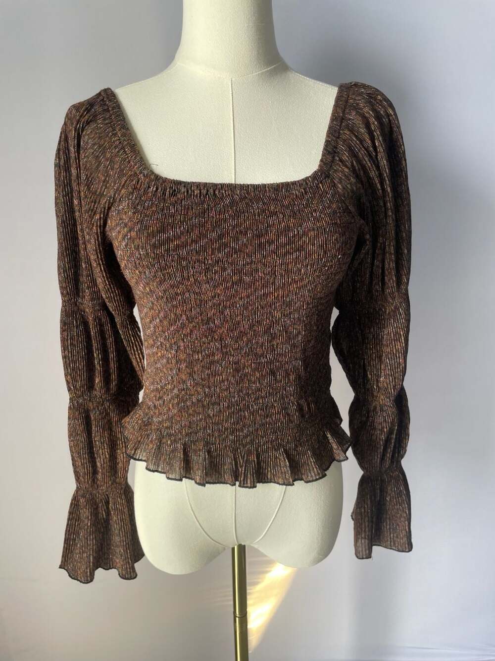 Anthropologie Smocked Brown Metallic Blouse